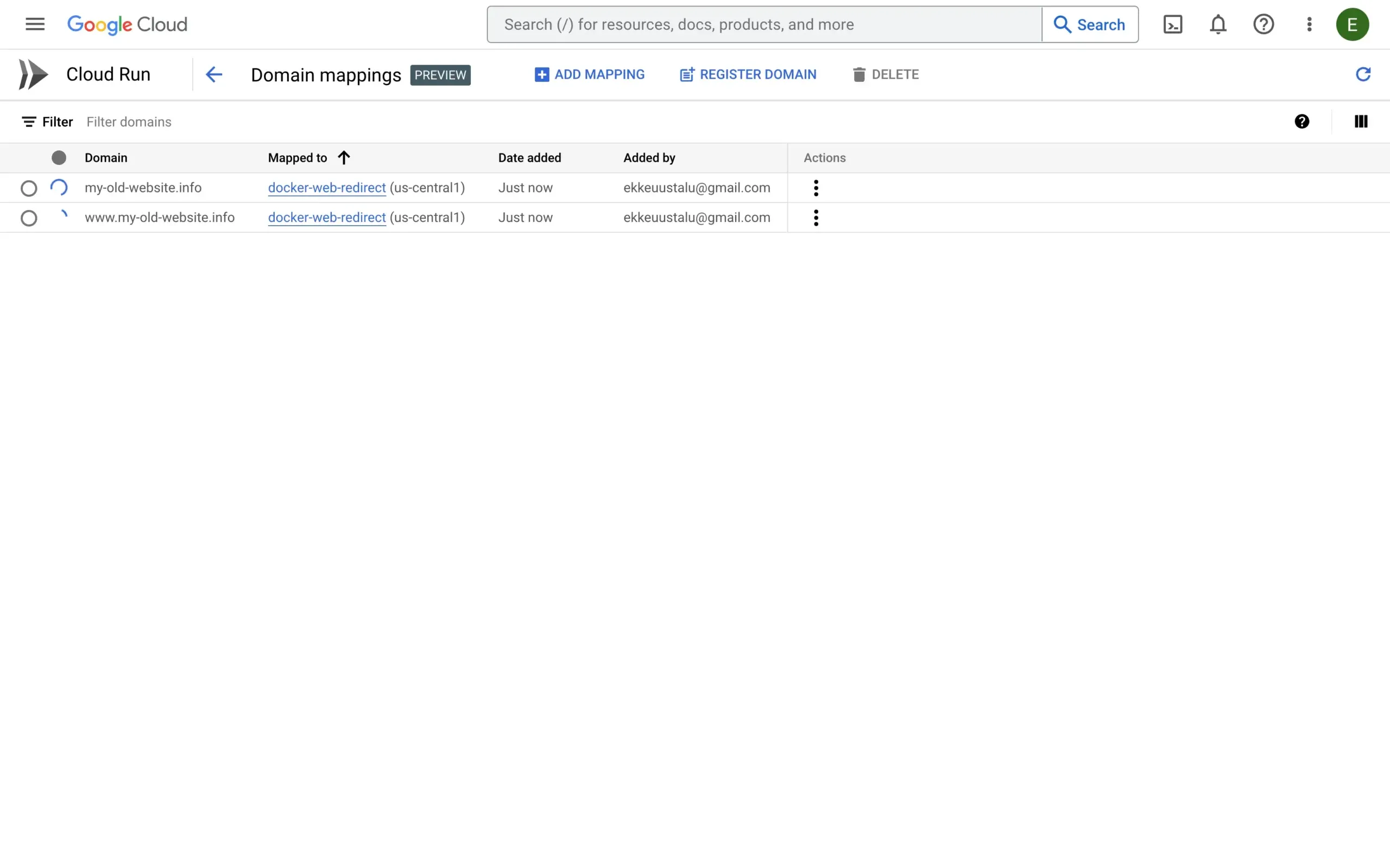 Cloud Run domains list