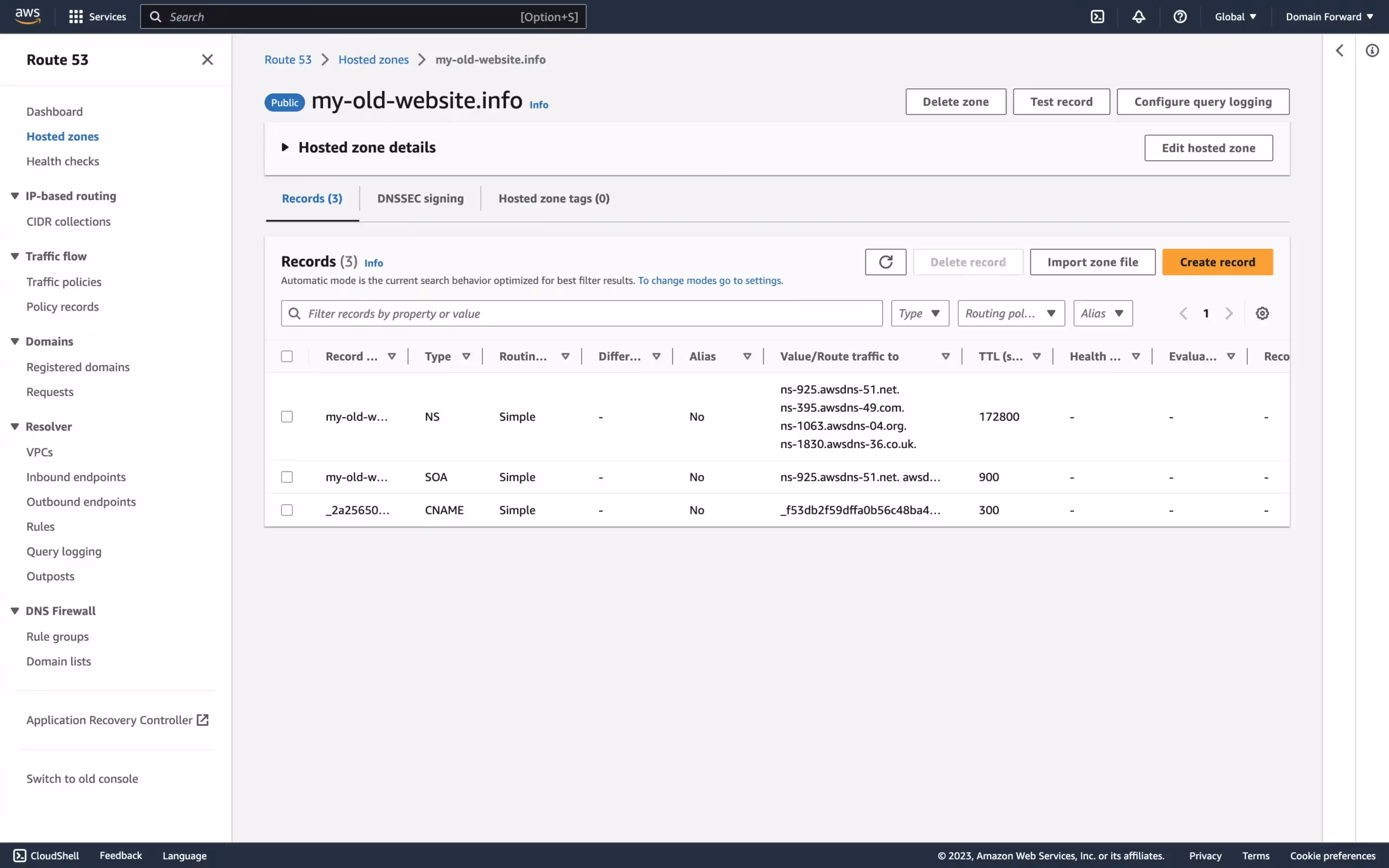 AWS Route 53 DNS zone dashboard